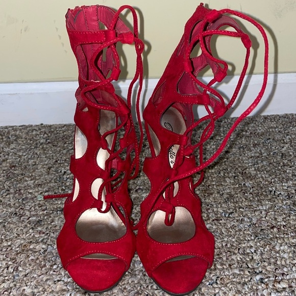 Womens Like New Breckelle Red Suede Galdiator Lace Up Stileto High Heels - Picture 1 of 8